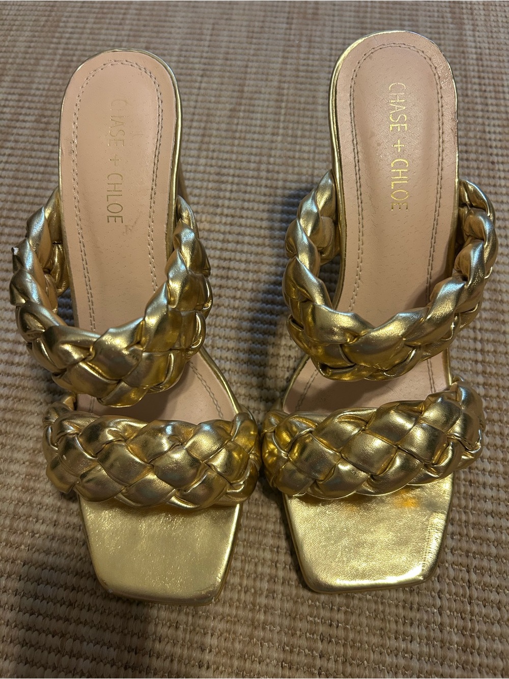 Chase + Chloe Metallic Gold Braided Double-Strap Slide Heels